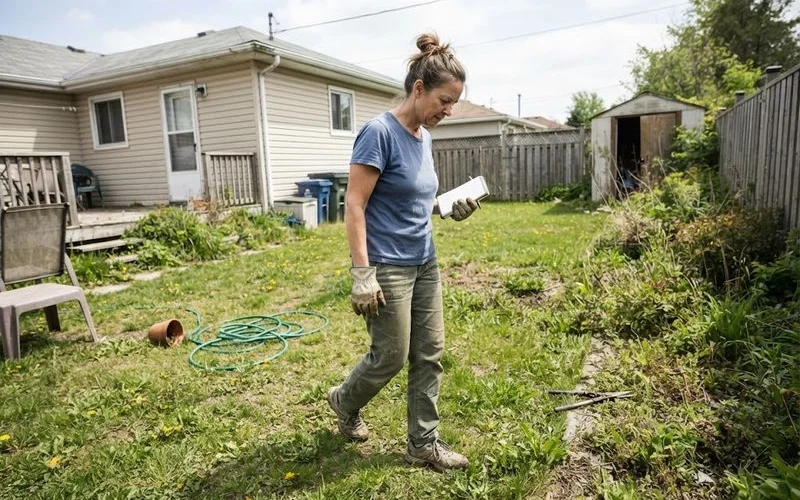 A first-time homeowner walking through a new backyard in Ontario, assessing the lawn and garden beds