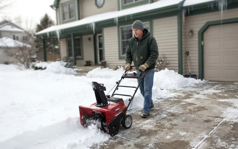 A snow removal truck clearing a residential driveway in Ontario during a winter storm