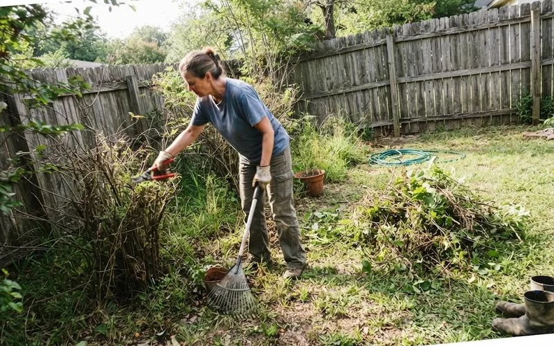 An overgrown backyard being cleared and cleaned up as part of settling a family home in Ontario