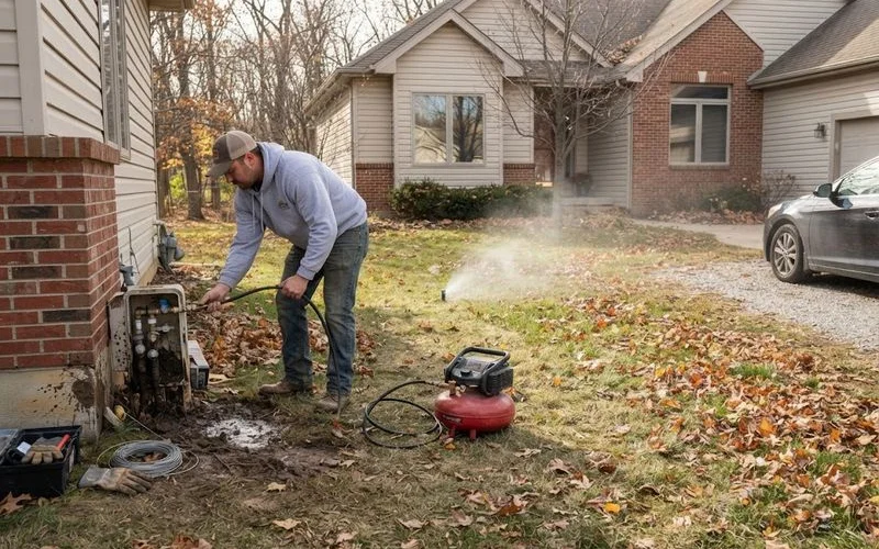 A technician using a compressor to blow out an underground irrigation system before winter in Ontario