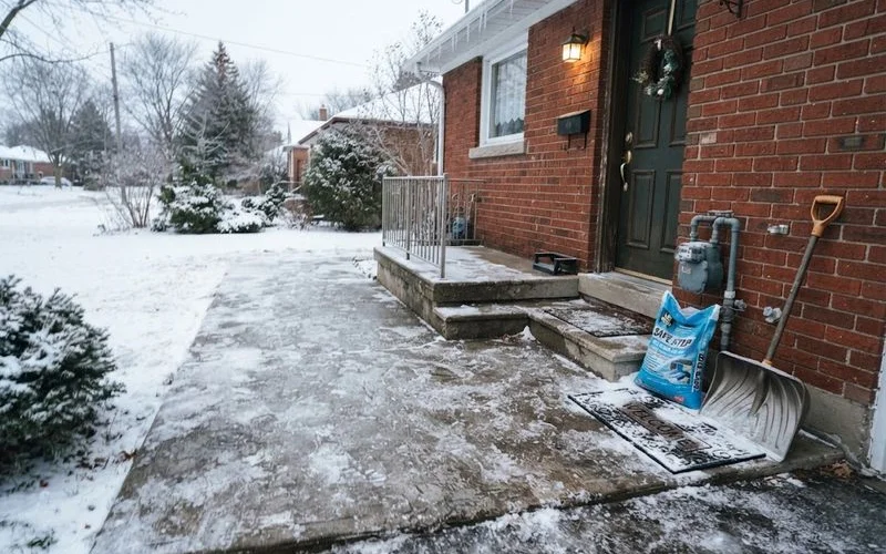 An icy residential walkway and driveway in Ontario after a snowfall